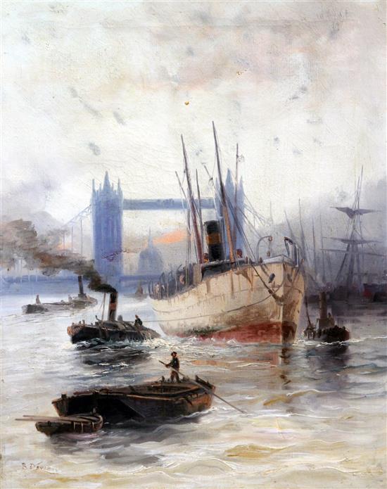 V Davis Shipping near Tower Bridge and the Pool of London, 18 x 14in. and 14 x 18in., unframed